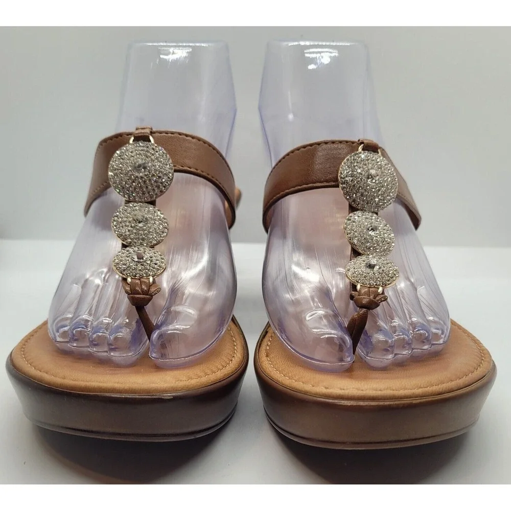 Italian Shoe Makers Women SZ 8.5 Brown Wedge Slip Ons Circles of Rhinestones